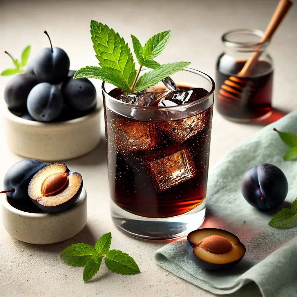 민트 잎과 얼음이 장식된 흑매실 음료 한 잔과 신선한 매실 이미지