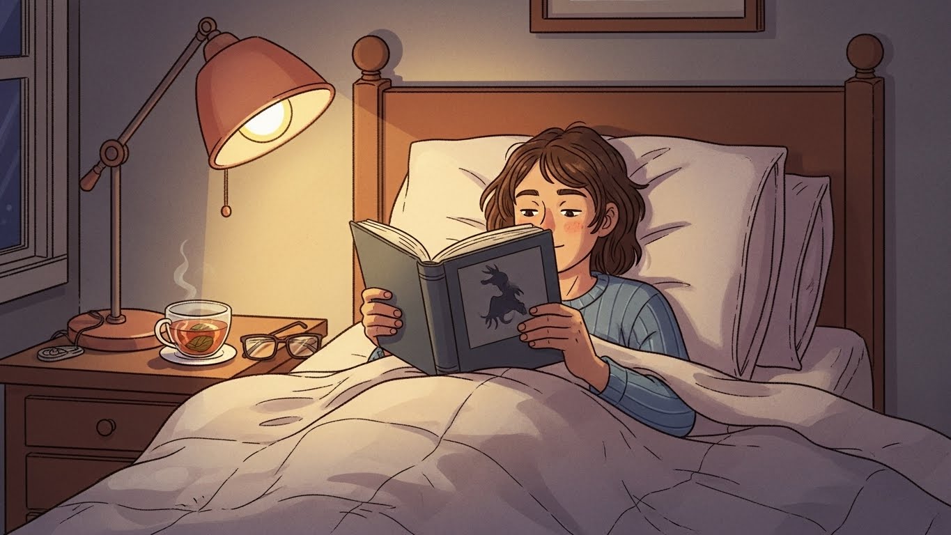 Person reading a book during a 30-minute wind-down routine, a science-backed habit that promotes relaxation before sleep.