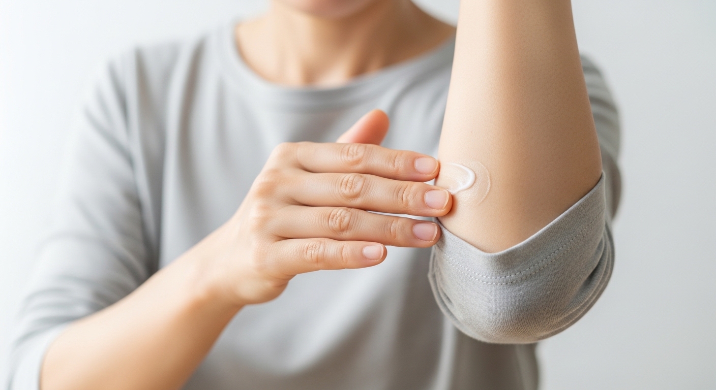 40대-여성이-팔꿈치-부위에-크림을-부드럽게-도포하는-장면-거칠어진-피부-결을-정돈하는-느낌-리얼-생활-스냅-고해상도-실사-텍스트-없음