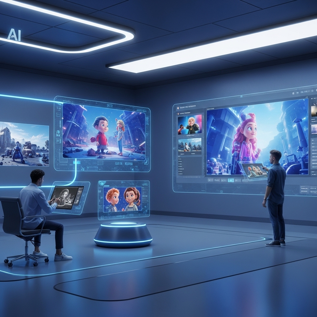 2025년 미래 애니메이션 스튜디오에서 디지털 아티스트들이 AI와 협력하여 캐릭터와 배경을 창작하는 모습