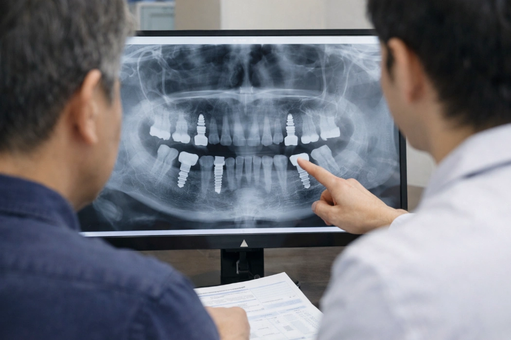 임플란트 재식립 원인을 설명받기 위해 X-ray 이미지를 함께 확인하는 환자와 치과 의료진 모습