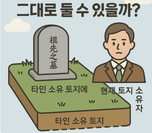 "조상 묘는 그대로 둘 수 있을까?"라는 문구와 함께 타인 소유 토지 위에 조상 묘가 설치된 상황을 설명하는 그림. 묘지 옆에는 양복을 입은 토지 소유자가 서 있고, 토지 위에는 '타인 소유 토지에'라는 문구가 표시되어 있다. 분묘기지권의 개념을 시각적으로 설명한 인포그래픽.