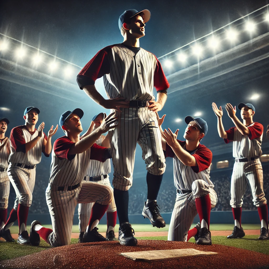 특출난 한명의 선수를 칭송하고 있는 야구팀 그림