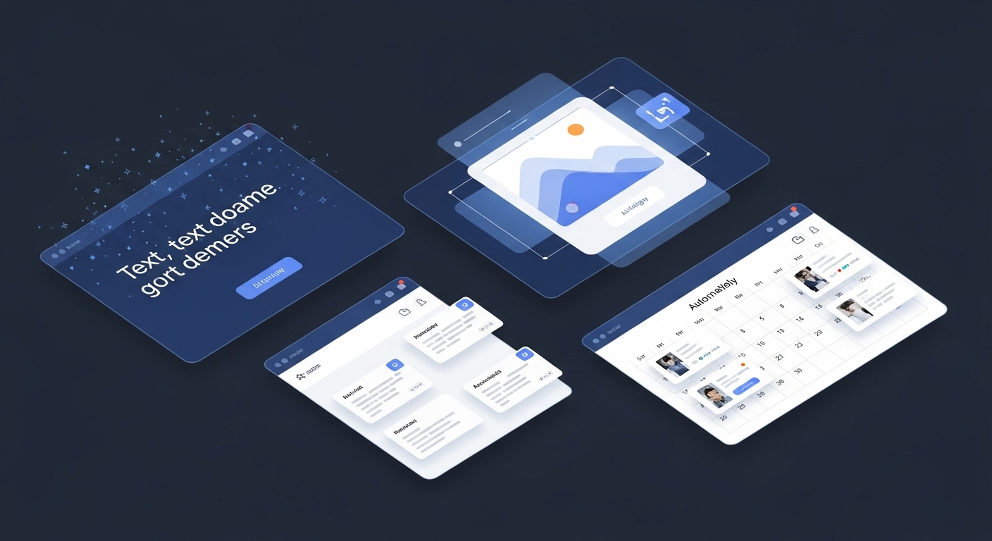 AI 기반 콘텐츠 생성 및 관리 툴들이 블로그 글, 소셜 미디어 게시물 등을 자동으로 만들고 스케줄링하는 모습을 나타내는 디지털 인터페이스 이미지.