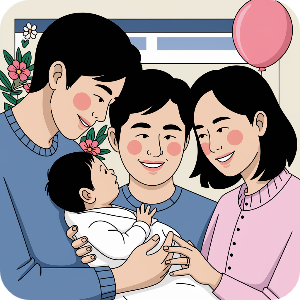 임신. 출산으로 인해 기뻐하고 행복해 하는 가족 이미지