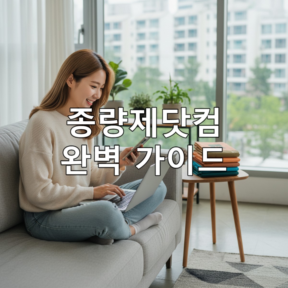 거실 소파에 앉아 노트북으로 종량제 봉투를 온라인으로 구매하는 젊은 한국 여성