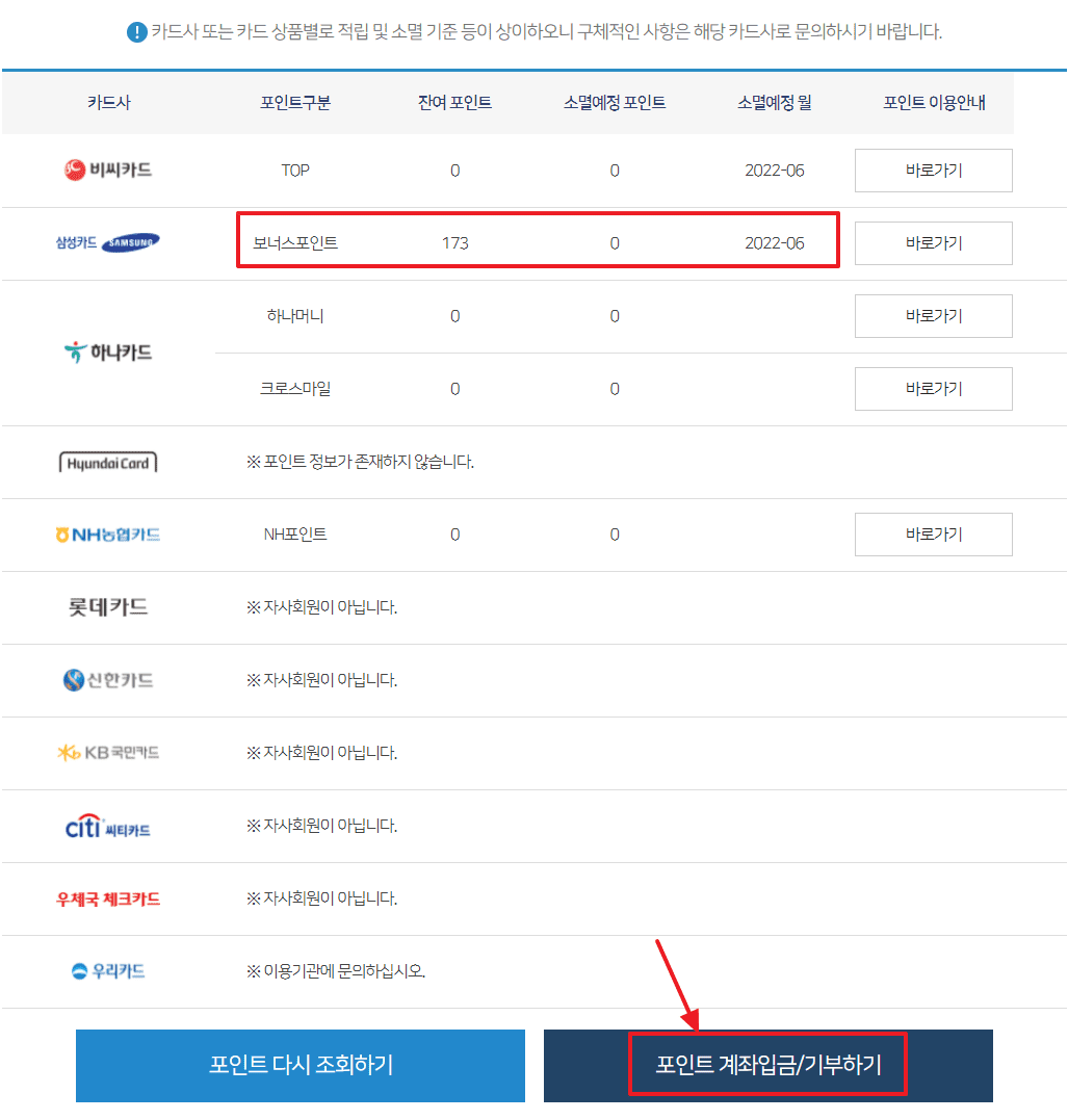 카드포인트 통합조회 현금화