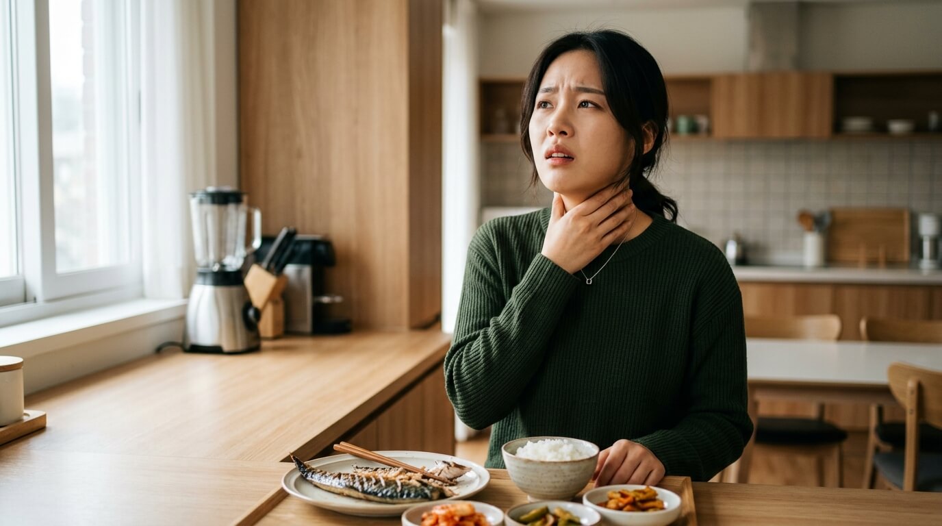 식사 중 목에 가시가 걸려 당황해하며 목을 감싸 쥐는 한국 여성