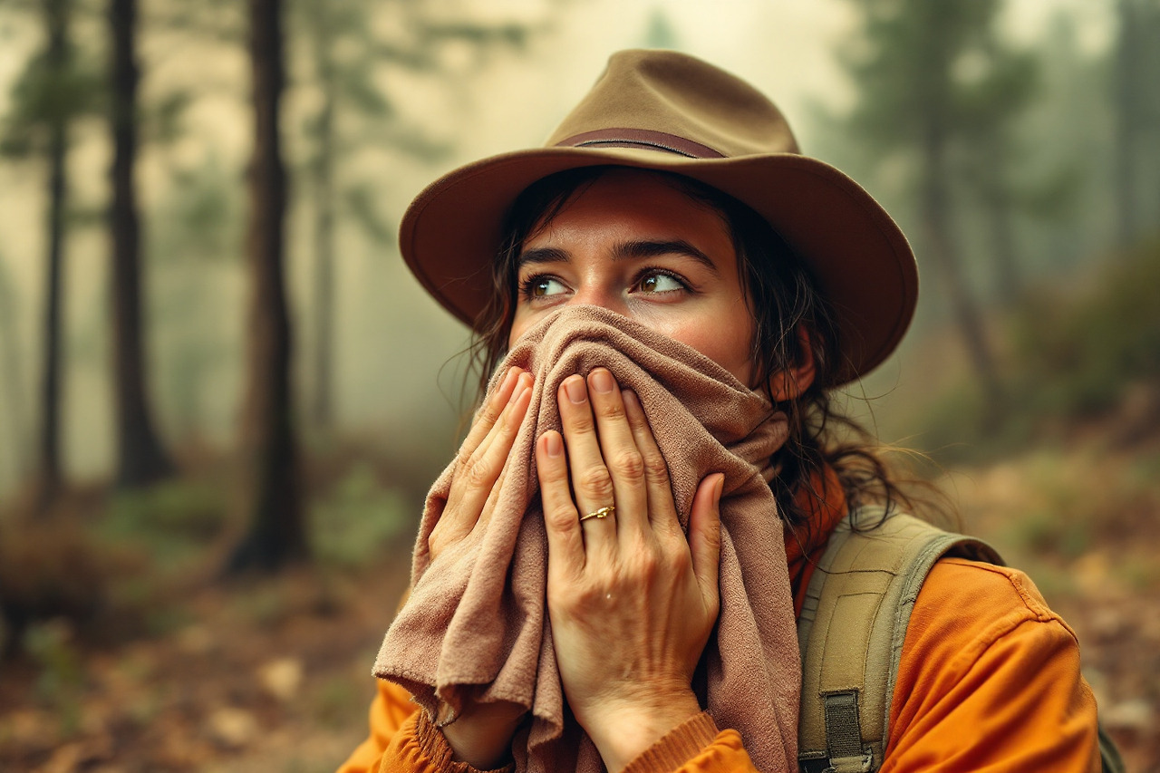 물에 적신 수건으로 입과코를 막은모습