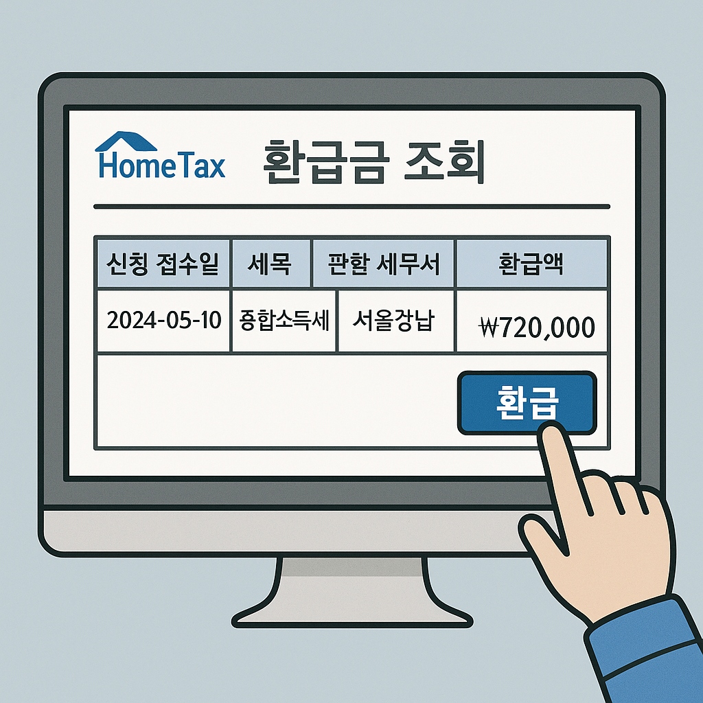 홈택스 환급금 조회화면과 환급 버튼 클릭 장면