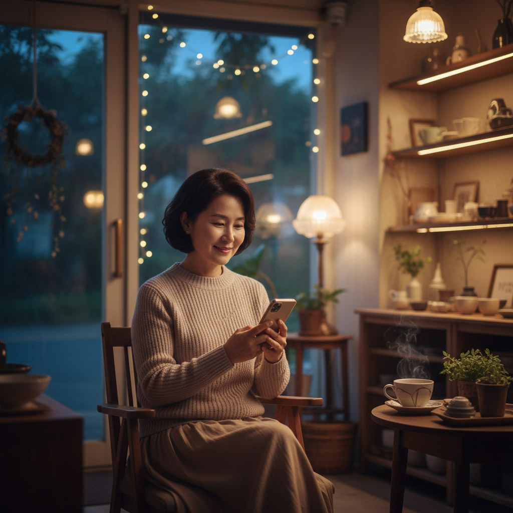 스마트폰을 보며 쉬고 있는 55세 사장님