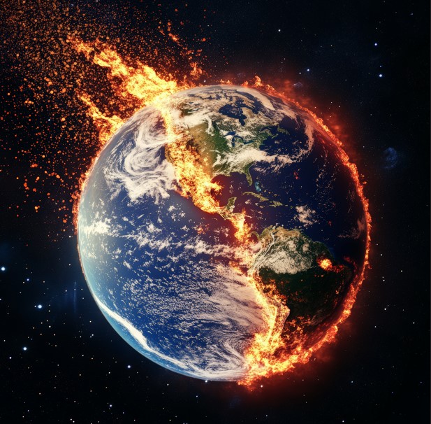 불타고 있는 것처럼 보이는 지구의 모습