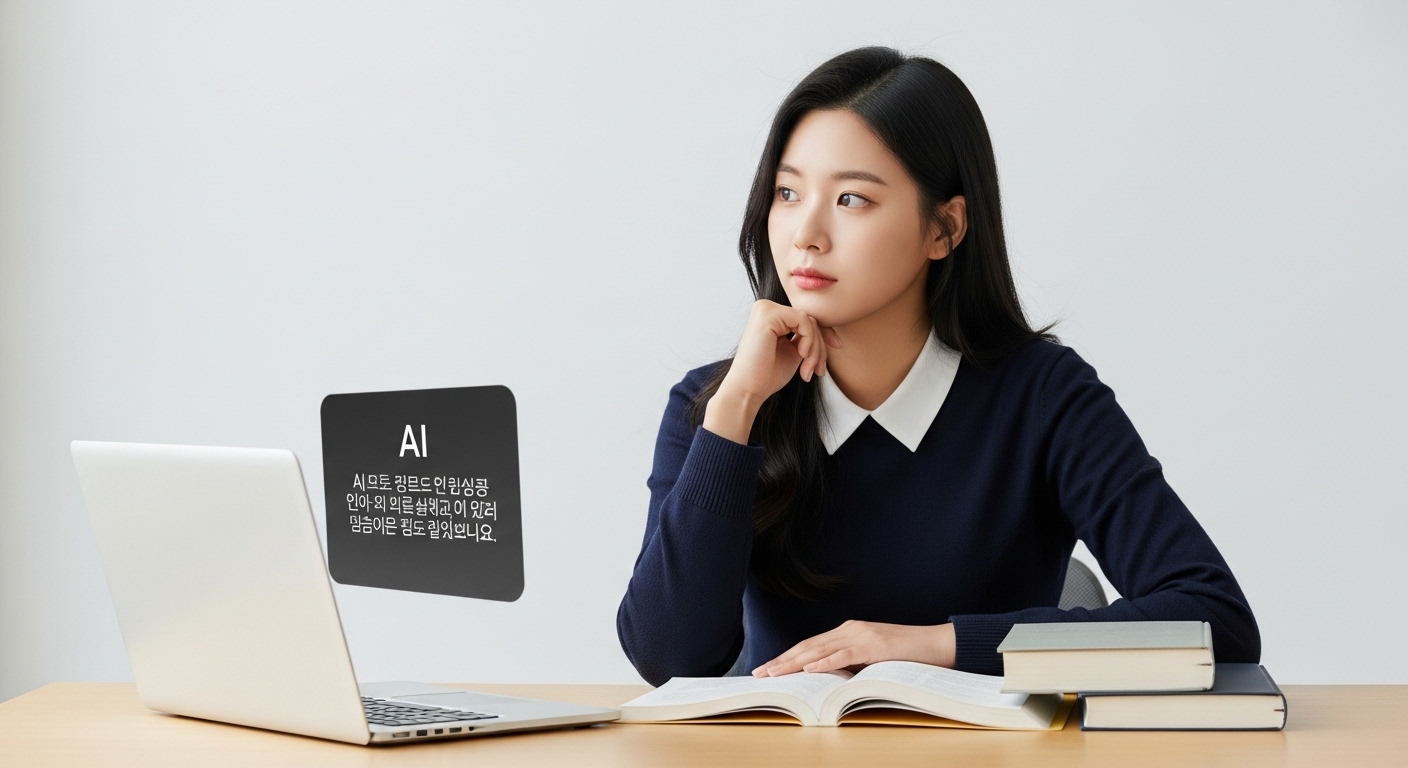 AI 정보를 비판적으로 검토하며 깊이 있게 사고하는 한국인 여학생의 모습