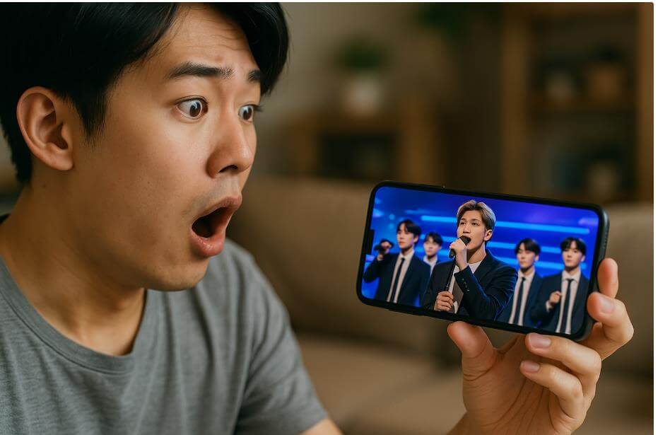 청년이 스마트폰으로 AI BTS 공연을 보고 놀라는 모습