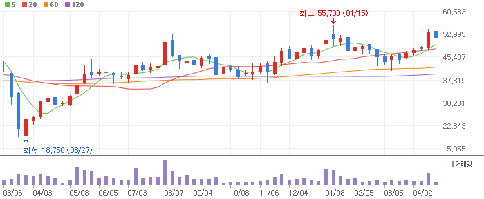신흥에스이 주봉차트