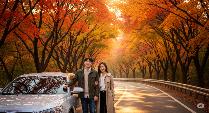 단풍나무 터널이 펼쳐진 밀양 표충사 드라이브 코스. 차를 세워두고 풍경을 감상하는 30대 연인.