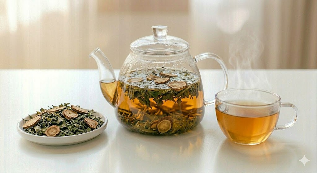 몸속 깊은 곳에 쌓인 중금속을 배출하고 피를 맑게 하여 만성 피로와 칙칙한 안색을 개선하는 강력한 혈액 정화 민들레잎 우엉 블랜딩 차