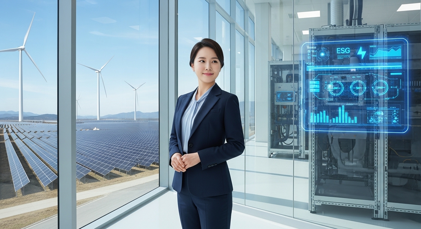 standing confidently in a modern industrial facility powered by renewable energy