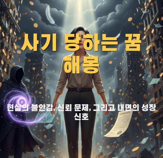 사기를 당해서 좌절하고 있는 여성 그리고 그 뒤에 사기꾼이 서있다.