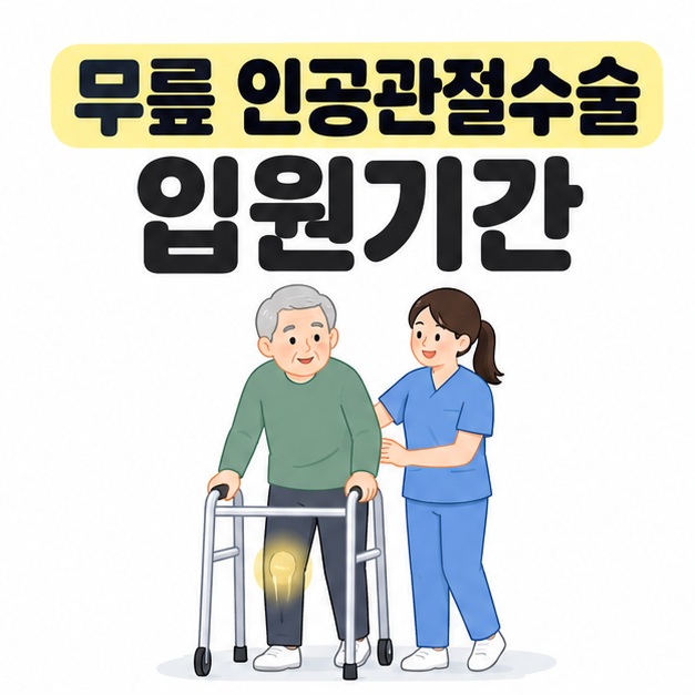 무릎 인공관절수술 입원기간 제목 아래 무릎 부위를 표시한 어르신이 치료사의 도움을 받으며 보행기를 사용하는 대표 이미지