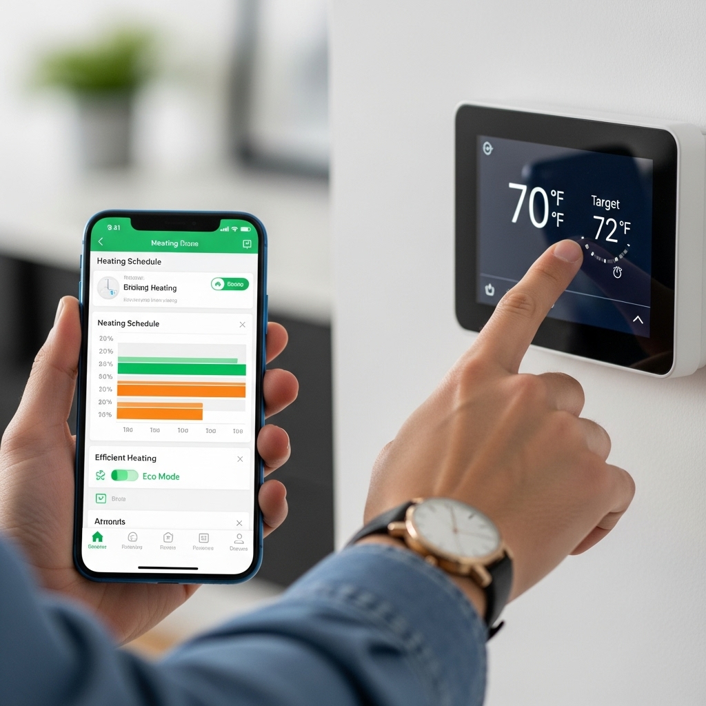 스마트 온도 조절기 화면에서 온도를 조절하는 손과 스마트폰 앱, 효율적인 난방 스케줄을 보여주는 모습.