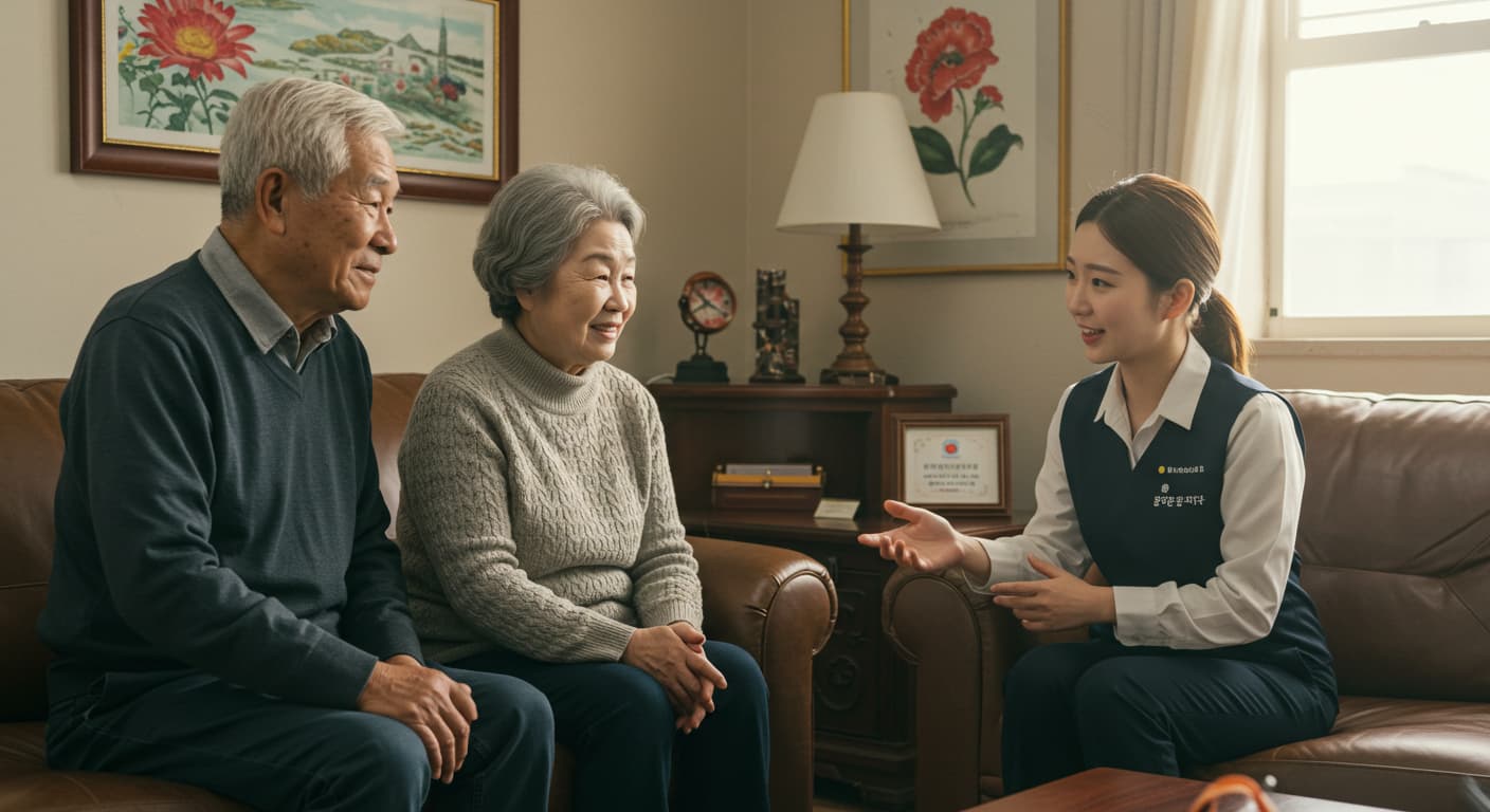 부모가구에 관한 설명을 해주는 사회복지사와 부모