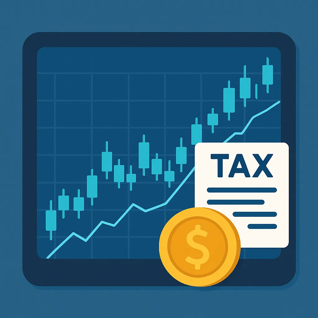 주식 그래프와 세금 아이콘이 함께 있는 디지털 화면