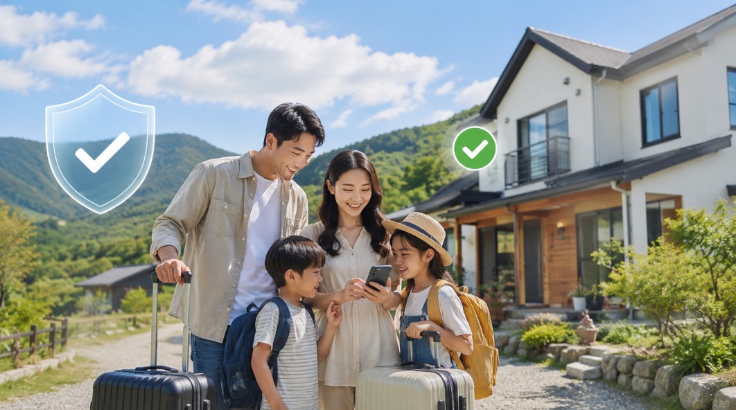 여름 휴가철 가족이 깨끗한 펜션 앞에서 스마트폰으로 '농어촌민박 신고 확인' 화면을 확인하는 그림