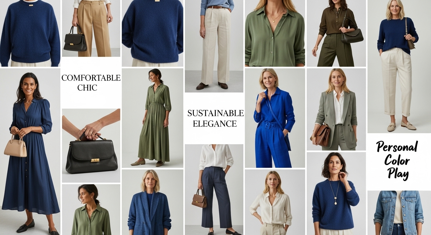 2025년 중년 패션 트렌드를 보여주는 무드보드. 캐시미어 니트, 와이드 팬츠, 세련된 뉴트럴 및 블루 계열 색상이 어우러져 지속 가능하고 편안한 시크룩을 연상시킴.