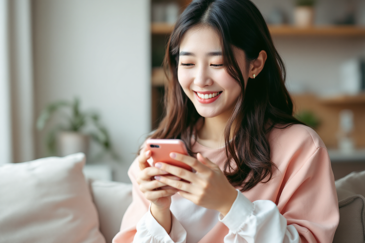 핸드폰 들고 전세자금 대출 검색하는 젊은 여자