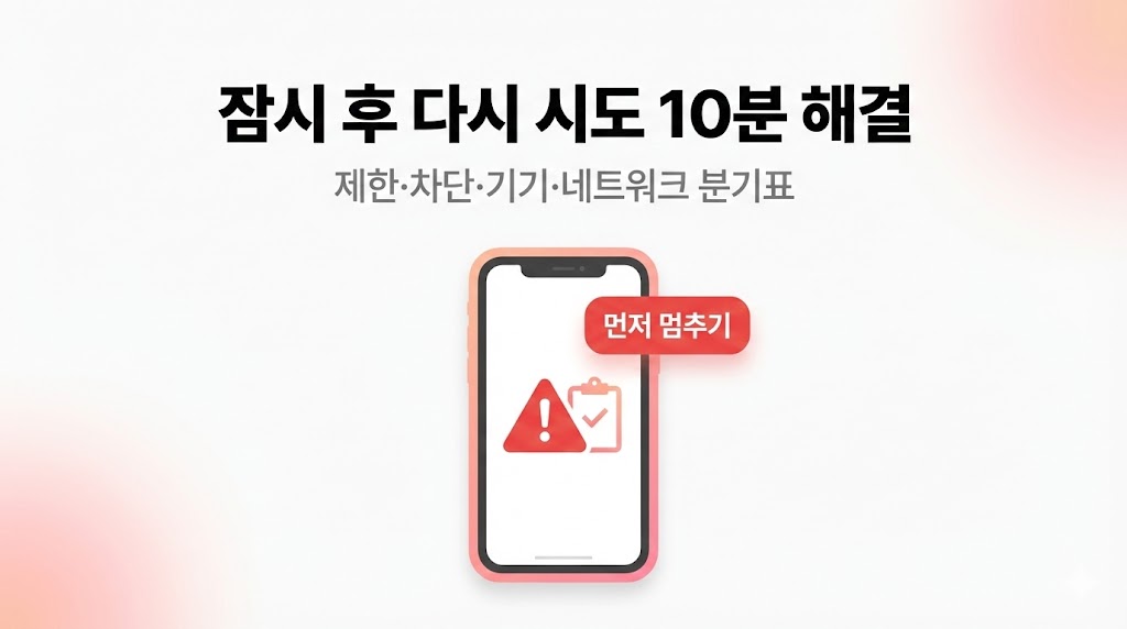 인스타 “잠시 후 다시 시도” 해결 2026: 제한/차단/기기/네트워크 분기표(바로 풀리는 순서)