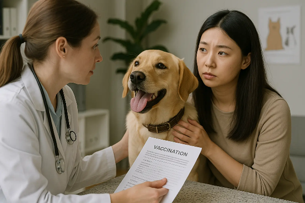 반려견의 과호흡 증상에 대해 동물병원에서 수의사와 상담하는 보호자, 건강 체크업 장면