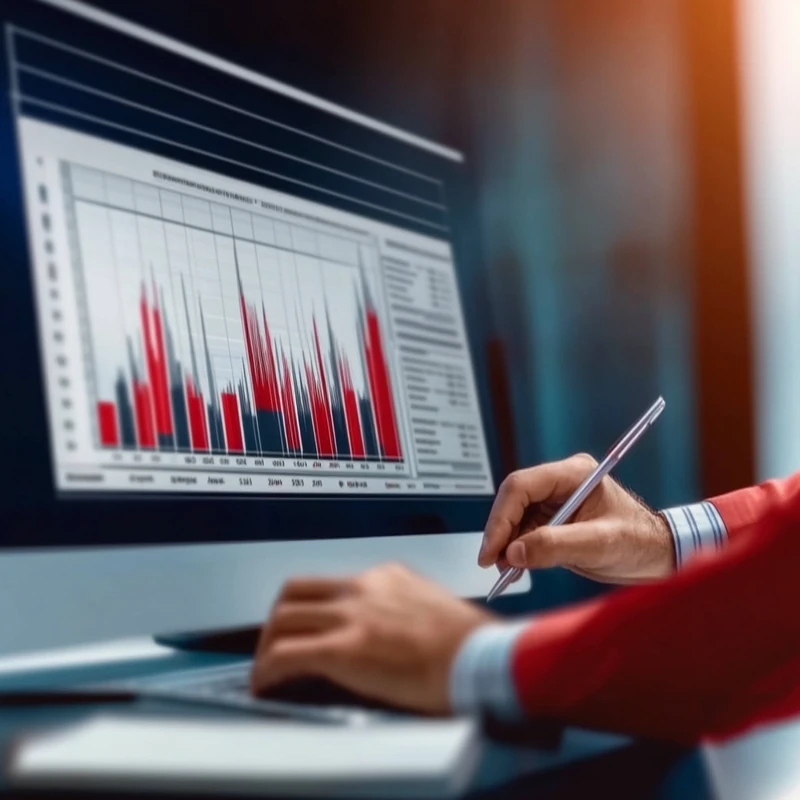 투자 포트폴리오의 세금 계산을 위한 그래프를 컴퓨터 화면에서 분석하는 사람의 모습이 담겨 있습니다. 세밀히 분석하면서 재정 계획을 세우는 장면입니다.