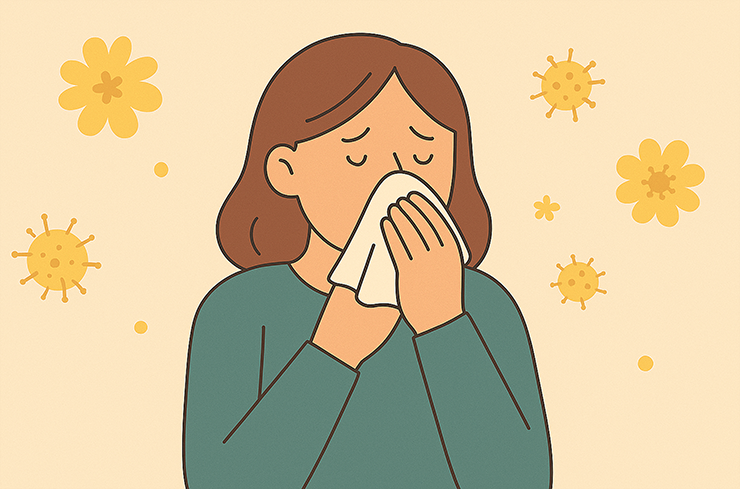 꽃과 바이러스 그림이 흩어져있고, 알레르기로 불편해 하는 여성의 이미지가 그려져있습니다.