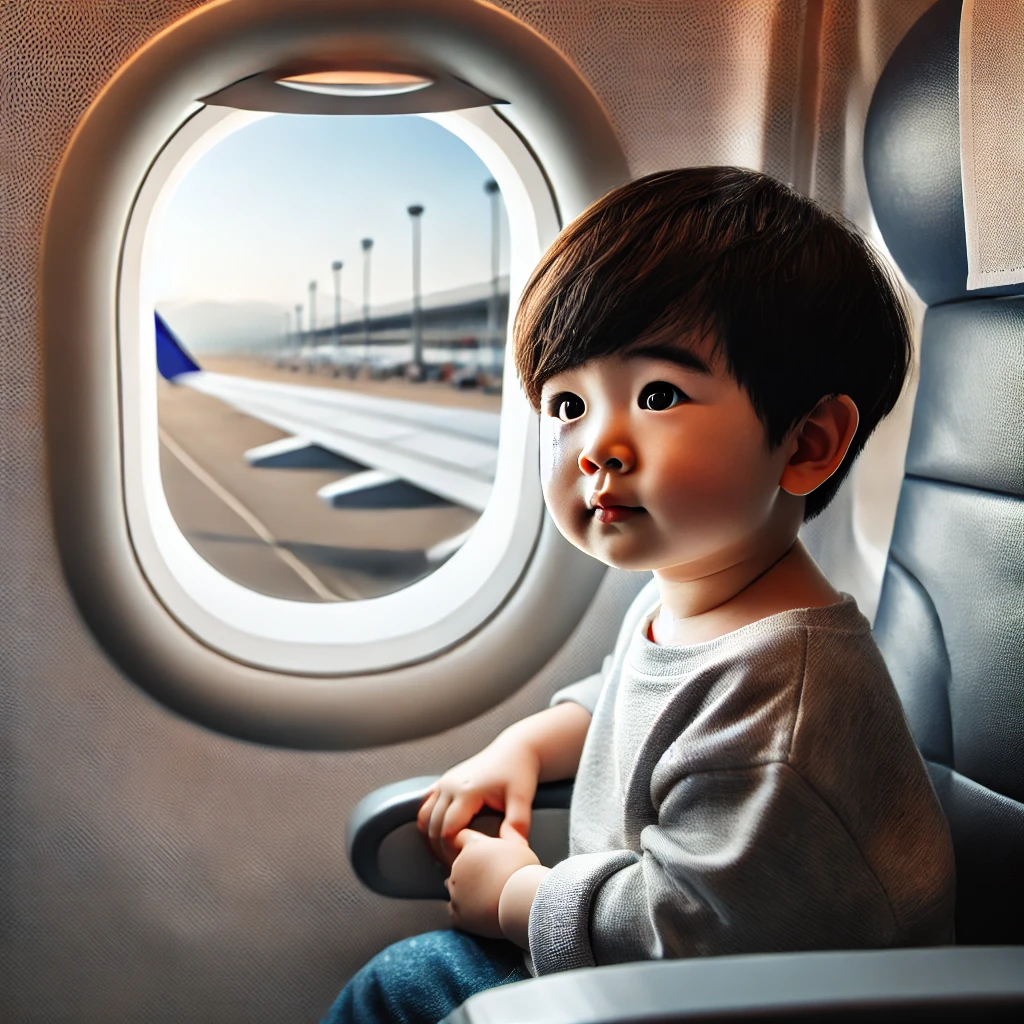 비행기에서 여행을 기다리는 아이의 모습