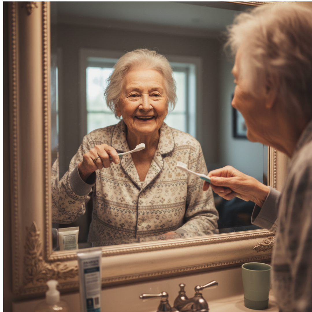 거울을 보며 양치 동작을 따라 하는 시니어의 모습