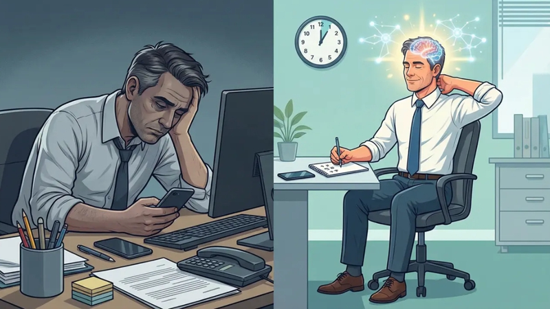 스마트폰 대신 점심시간 5분 뇌 운동으로 집중력과 활력을 되찾은 50대 직장인의 모습. 뇌 건강 집중력 강화법.