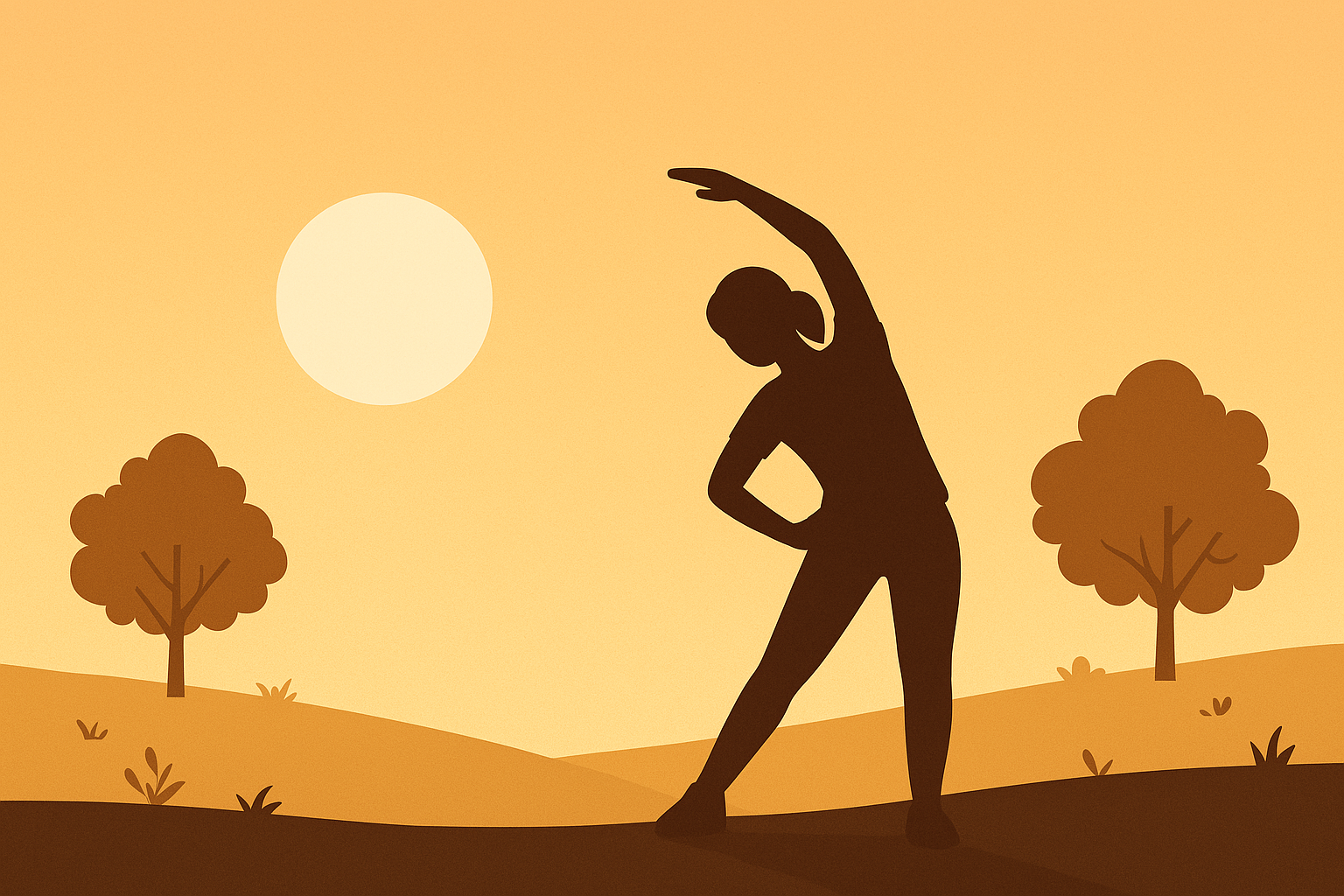 스트레칭 동작을 하는 사람의 실루엣을 상징적으로 표현한 일러스트 이미지
