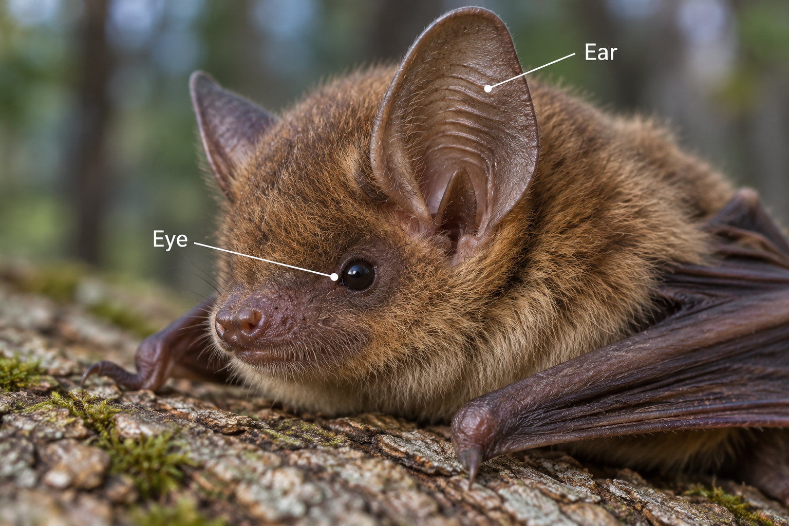 A close view of a bat with its small open eye and large ear labeled