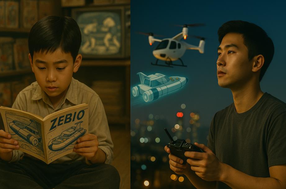 소년의 제비호 만화와 청년의 드론 조종 비교 장면