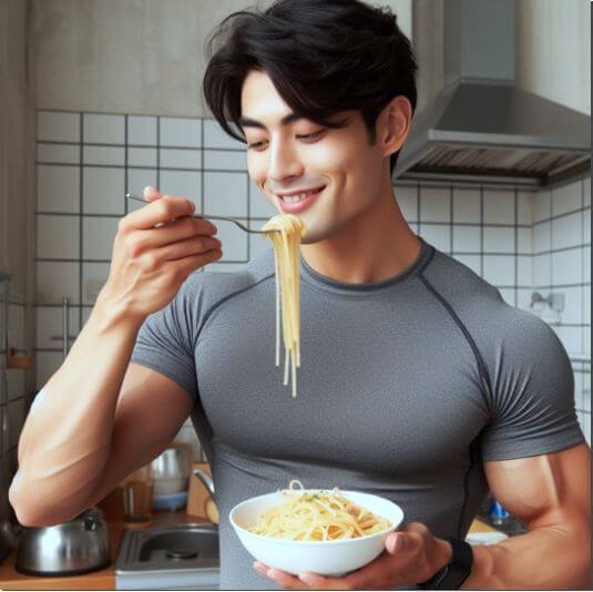 아밀라아제 효능 탄수화물 대사와 에너지 생성, 파스타 먹는 남성