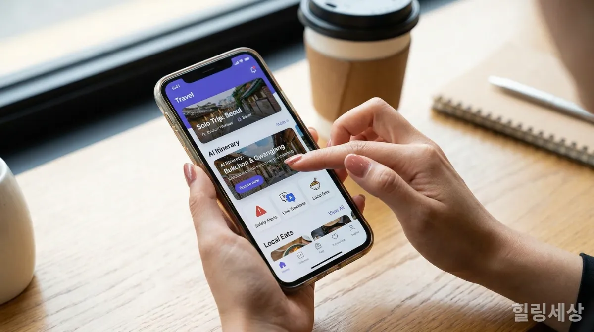 AI 기반 여행 계획 앱을 사용하는 한국인의 손, 스마트폰 화면에 혼자 여행 추천 일정이 표시되어 있음