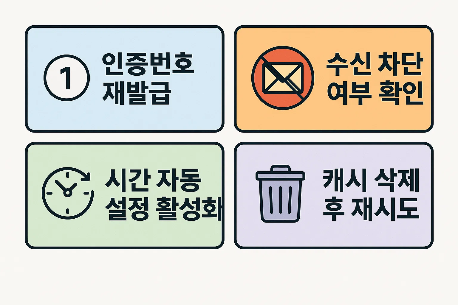 인증번호 재발급, 수신 차단 여부 확인, 시간 자동 설정 활성화, 캐시 삭제 등 인증번호 입력 오류 시 해결 방법을 정리한 인포그래픽.