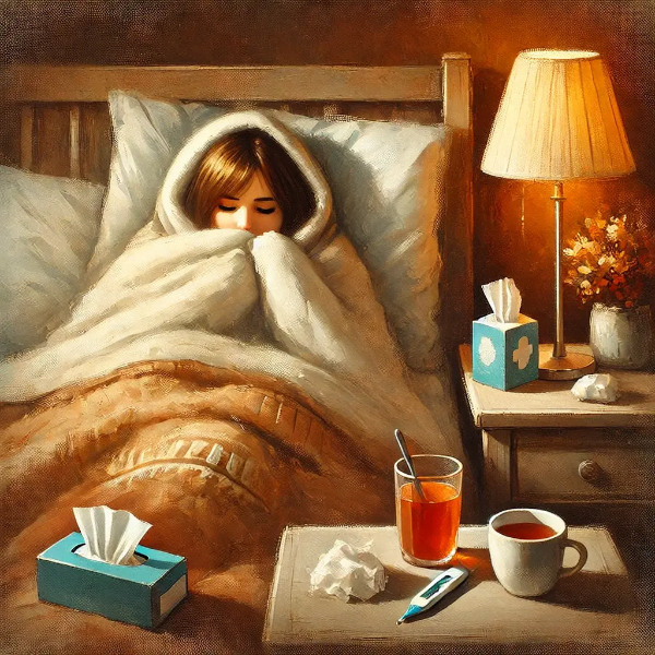감기로 침대에서 휴식 중인 모습을 따뜻하게 표현한 일러스트 &ndash; 텍스트 없이 시각 중심 구성