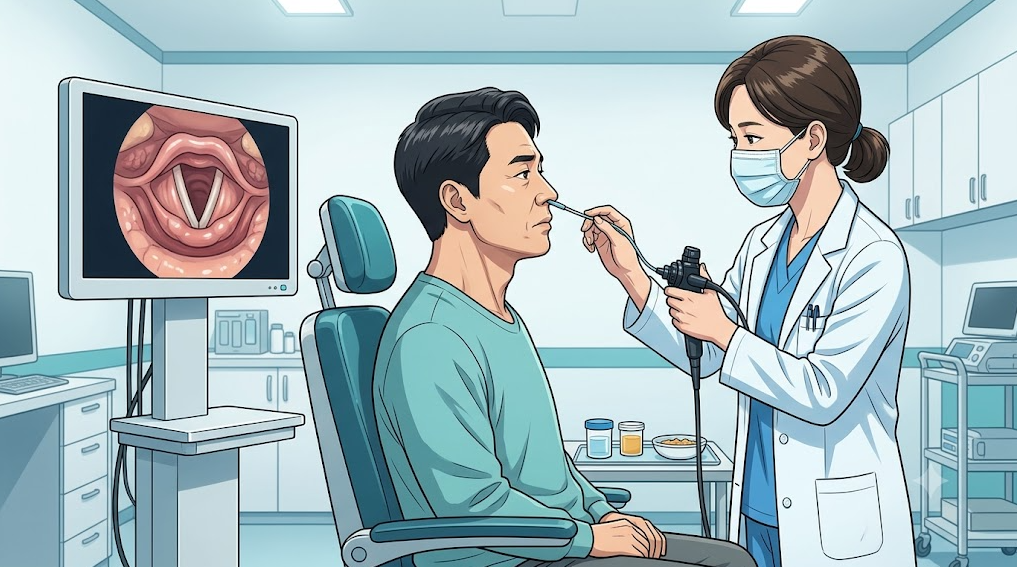 코를 통해 가는 내시경을 넣어 인두와 후두를 관찰하는 연하내시경검사(FEES) 메디컬 일러스트