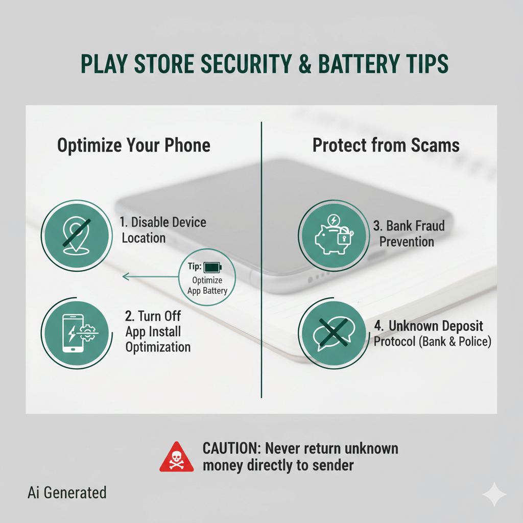 구글 플레이스토어 설정 메뉴에서 배터리 최적화 및 앱 설치 최적화 기능을 비활성화하는 단계별 화면