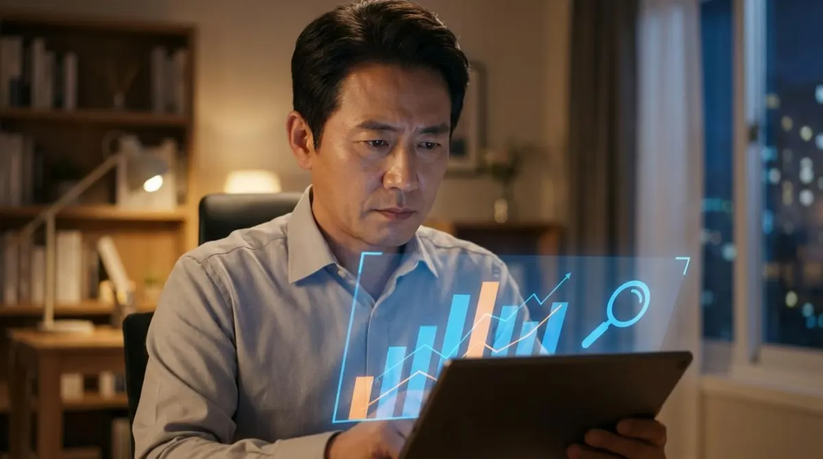 태블릿 PC를 이용해 부동산 공시가격 데이터와 시세 차트를 진지하게 분석하고 있는 4060 세대 한국인 남성 홈오너의 모습