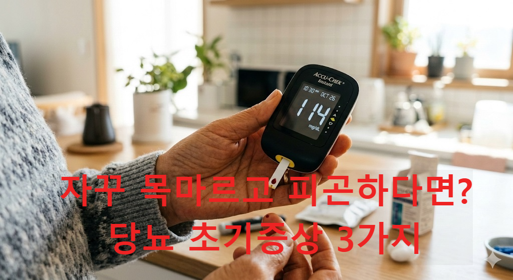 가정용 혈당 측정기로 혈당 수치를 체크하는 모습