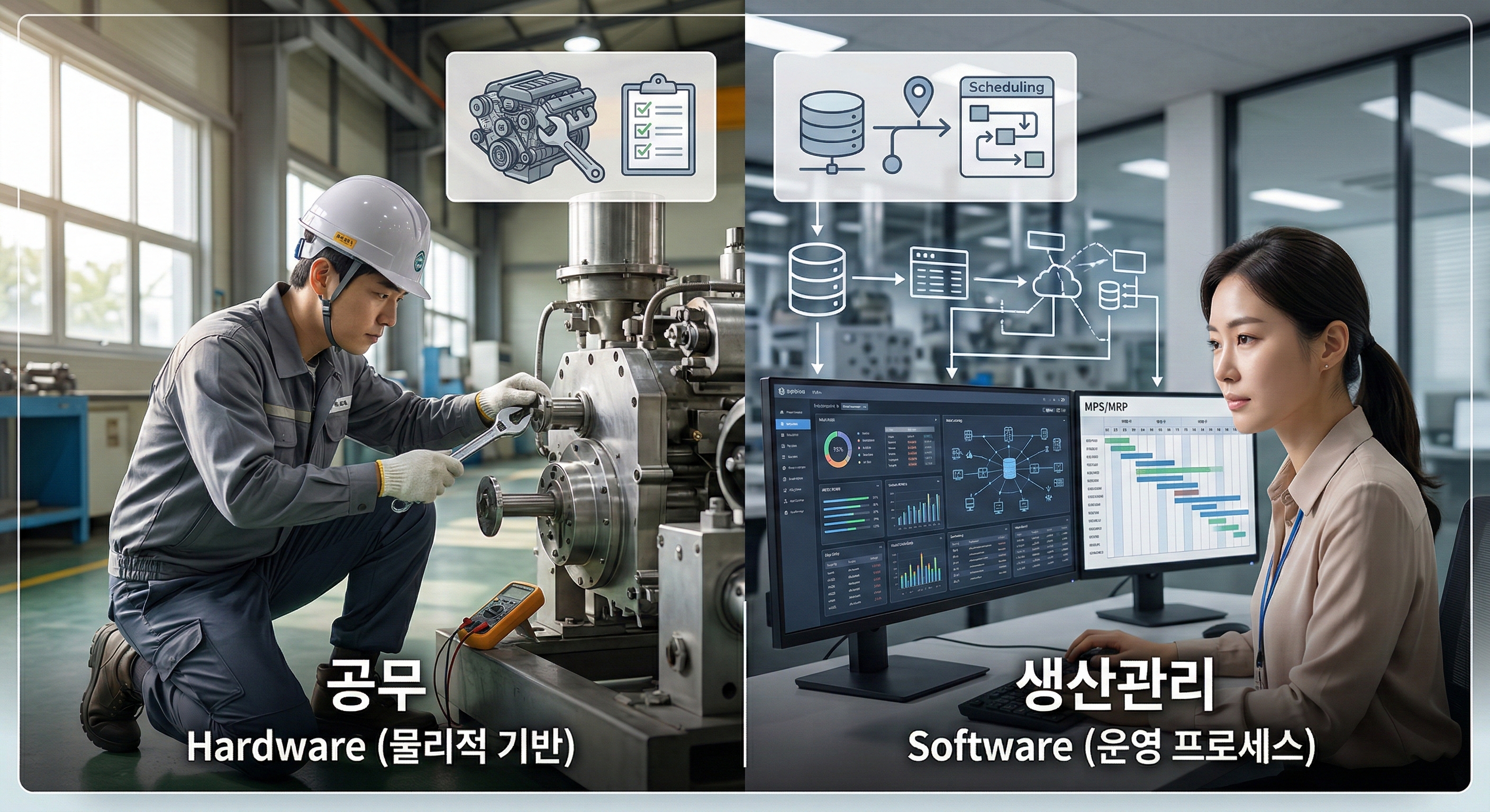 공장에서 기계를 수리하는 남성 기술자와 사무실에서 데이터를 분석하는 여성 관리자의 모습