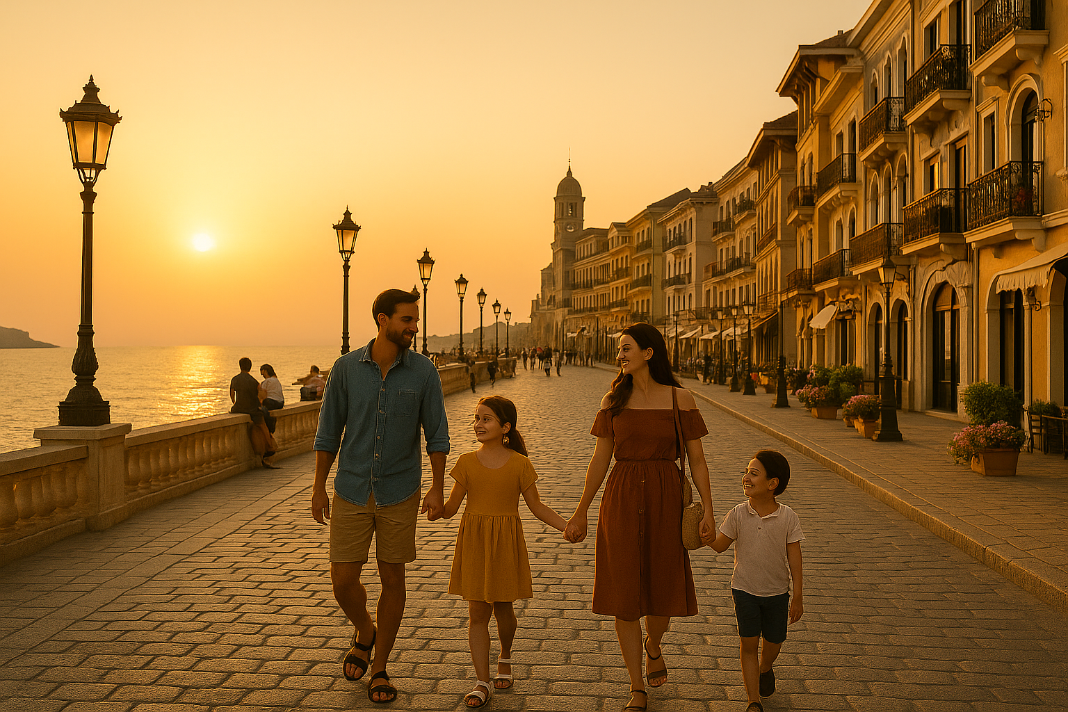 노을빛으로 물든 해안 산책로와 유럽풍 건물을 배경으로 손을 잡고 걷는 가족
